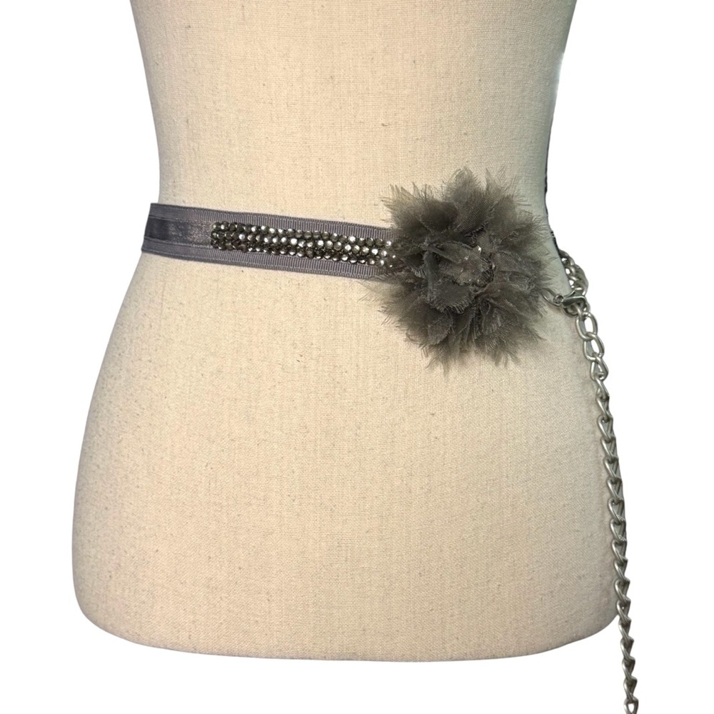 Vintage Y2K Ann Taylor Ribbon Flower Rhinestone Chain Waist Belt Gray Fits XS-XL